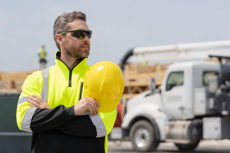 Safety inspection. Industry construction worker. Builder civil engineer at building. Copy space...