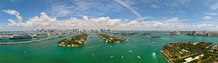 Panorama of Miami from above. Drone view of Miamis famous landmarks. South Pointe beach with skyscrapers. Miami city panorama. Oceanfront skyline of Miami Beach.の写真素材