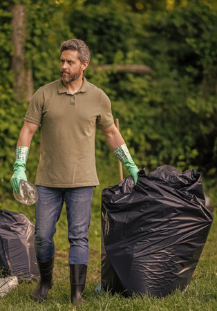 Man environmental activist. Environmental conservation. Save environment. Environment plastic...