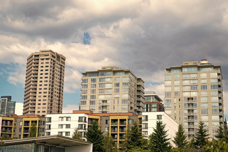 Modern condominium building. Architectural building in neighborhood. Building cityscape. Condominium...