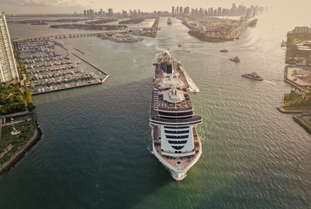 Cruise ship voyage. Aerial view of cruise in summer vacation. Cruise ship tour and travel at sea....