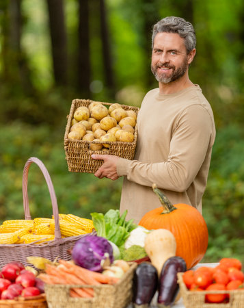 Organic food and eco farming. Greengrocer man outdoor. Greengrocer harvesting potato. Autumn vegetable harvest, selective focus. Farmer food market. Man farmer with potato vegetable harvestの写真素材