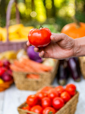 Tomato organic healthy vegetable. Gardening agriculture cultivation, banner. Organic tomato food. Harvest of vegetable. Garden farming and harvesting. Summer or autumn farm. Vegetable harvestingの写真素材