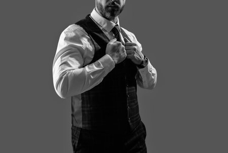 Man businessman in formalwear, cropped view. Business man in elegant tailored vest. Formal suit vest with tie isolated grey. Gentleman menswear. Bespoke suit. Formal menswear concept. Tailored Styleの写真素材