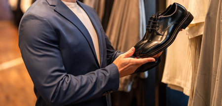 Leather footwear. Mature man in trendy store hold classic shoe. Shoe store. Business man choose elegant footwear in shoes store. Classic leather shoes for formal look. Formal shoe. Stylish loafersの写真素材
