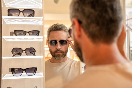 Man choosing sunglasses in shop. Sunglasses model in fashion store. Fashionable man. Trendy...