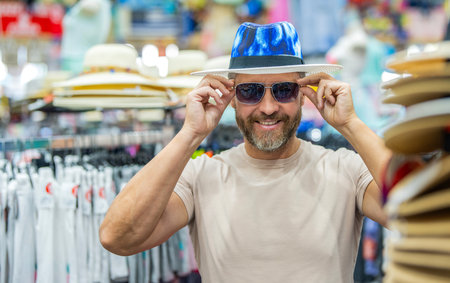 Stylish man in hat boutique. Mature man choosing hat. Expensive fashion male accessories. Fashionable clothes. Fashion store. Hat male fashion shop. Man shopping fashion hat, bannerの写真素材