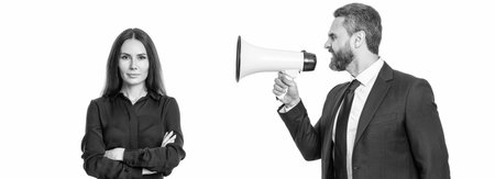 businessman shouting on employee in loudspeaker isolated on white. business man has conflict with partner about promotion. businesspeople announce rivalry. business conflictの写真素材