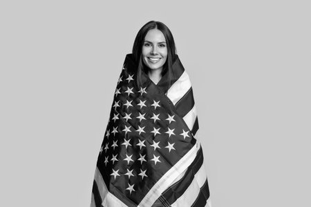 Flag of USA. National flag of united states on woman. Independence day. Patriotic happy woman....