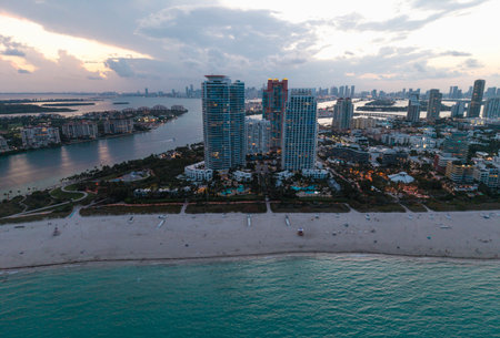 Miami Beach skyline aerial view. Miami city from drone. Tropical Miami scene. Miami district sky...