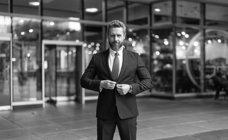 Mature Hispanic businessman. Business boss portrait of business man. Successful business. Success of entrepreneur. Office manager. Businessman outdoor. Businessman in suit. Professional occupationの写真素材