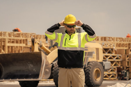 Worker with hardhat. Industry worker at construction. Builder civil engineer at site building....