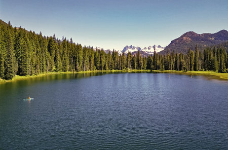 Nature landscape. Scenic nature of popular hiking lake. Lake with mountain landscape. Landscape of mountain and forest of lake. Breathtaking landscapeの写真素材