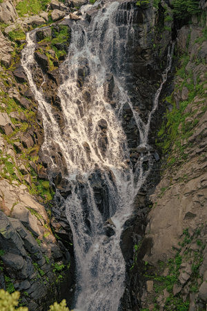 Waterfall landscape. Nature wildness travel. Waterfall travel destination. Travel destination....
