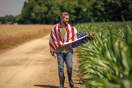 American flag and man farmer, harvest. Flag of USA. Independence day. Man in field. Patriotic man with American flag in field. Independence day of America. 4th of July. Labor day. Fertile landの写真素材