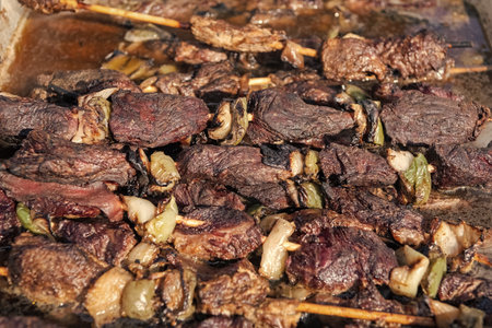 Barbecue veal meat. BBQ grill. Grilled meat on grill. Food and cuisine. Street BBQ food. Cooking beef barbecue meat dish on grill. Backyard barbecue. Braised beef. Veal beef grilledの写真素材