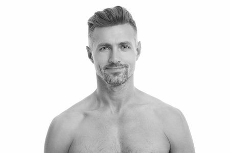 Skincare and shaving. Man face portrait isolated on white. Shaving to have a smooth skin. Male skincare and beauty. Mature man has smooth skin. Man smiling after shower and shavingの写真素材