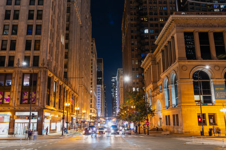 Chicago, Il-October 22. 2024: Skyline architecture. Luxury view. Chicago city with illuminated building. Night in Chicago city downtown. Skyscraper architecture. Chicago city cityscape. Cityscape night with skyscraper buildingのeditorial素材