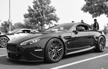 Chicago, Illinois, USA - September 08, 2024: Aston Martin V12 Vantage S dark blue sportscar, corner view. Aston Martin V12 Vantage S. Aston Martin V12 Vantage S car at Chicagoのeditorial素材