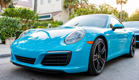 Miami, Florida, USA - February 16, 2025: Blue car, corner view. 2017 Porsche 911 Carrera S sport car. Luxury car Porsche 911 Carrera S. Car Porsche 911 Carrera S parked outdoorのeditorial素材