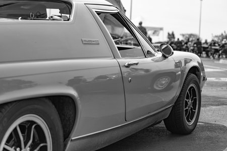 Chicago, Illinois, USA - September 08, 2024: retro 1969 Lotus Europa twin cam sportscar vehicle, corner view. yellow convertible sportscar. Vintage 1969 Lotus Europa car. classic 1969 Lotus Europa at Chicagoのeditorial素材