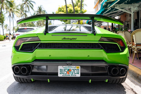 Miami, Florida, USA - July 12, 2025: Luxury green car Lamborghini Huracan LP580. Car of Lamborghini Huracan LP580 parked outdoor. Lamborghini, corner view. 2017 Lamborghini Huracan LP580-2 sport carのeditorial素材
