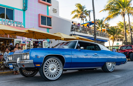 Miami, Florida, USA - April 07, 2025: Retro car of Chevrolet Impala blue on the road, corner view. Chevrolet Impala 1958 retro car. Luxury retro Chevrolet Impala. Classic vehicleのeditorial素材
