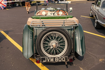 Chicago, Illinois, USA - September 08, 2024: MG TC roadster two seater retro sportscar convertible vehicle, back view. Retro sportscar green color. Convertible MG TC car. MG TC at Chicagoのeditorial素材