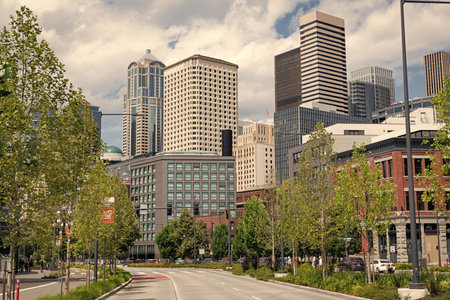 Seattle, Washington, USA, July 26, 2024: Travel destination. Cityscape with urban street. Road way on the street. Destination route of Seattle city. Urban cityscape. City road to Seattleのeditorial素材