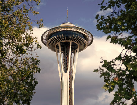 Seattle, Washington, USA - July 26, 2024: Space Needle observation tower. Seattle architectural landmark. Architecture of Space needle. Tower architecture landmark. Modernist tower designのeditorial素材