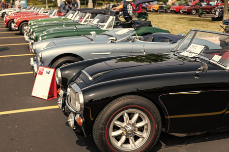 Chicago, Illinois, USA - September 08, 2024: Austin Healey 100-6 two seat roadster retro convertible car, corner view. Retro car. Retro Austin Healey 100-6 car. Austin Healey at Chicagoのeditorial素材