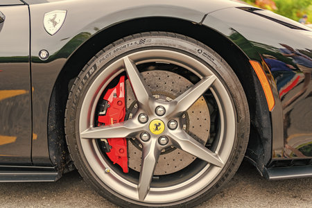 Chicago, Illinois - September 29, 2024: Ferrari F8 Spider or Tributo black color. Ferrari F8 Spider or Tributo parked on the street. front view. Luxury Ferrari F8 Spider or Tributo in Chicagoのeditorial素材