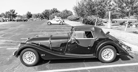 Chicago, Illinois, USA - September 08, 2024: Morgan Plus 8 retro sportscar convertible side, corner view. Retro blue car. Retro Morgan Plus 8 car. Morgan Plus 8 blue at Chicagoのeditorial素材