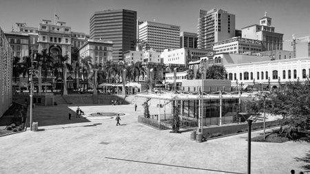 San Diego, California, USA - May 17, 2019: Horton Plaza Park. City street with park at Horton plaza...