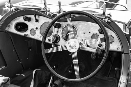 Chicago, Illinois, USA - September 08, 2024: MG TC roadster two seater retro sportscar convertible vehicle, corner view. Retro sportscar green color. Convertible MG TC car. MG TC at Chicagoのeditorial素材