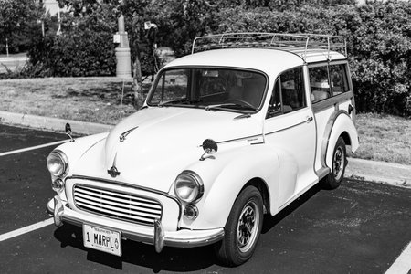 Chicago, Illinois, USA - September 08, 2024: Morris Minor Traveller white classic car vehicle, corner view. Retro car. Retro Morris Minor Traveller car. Morris Minor Traveller at Chicagoのeditorial素材