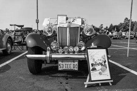 Chicago, Illinois, USA - September 08, 2024: MG TA retro sportscar roadster 1938 convertible vehicle, front view. Retro sportscar. Convertible MG TA car. MG TA at Chicagoのeditorial素材