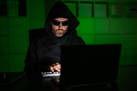 Cyber attack. Cyber criminal and stolen personal data. Digital thief. Hacker programmer in hoodie at...