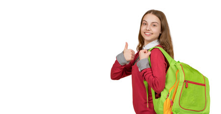Teen girl back to school. Knowledge day. Education in university. Girl student isolated on white....