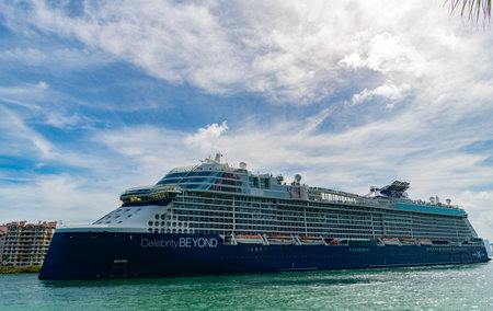 Miami, Florida, USA - July 27, 2025: Celebrity Beyond cruise ship voyage. Cruise in summer vacation. Celebrity Cruises cruise line. Cruise ship tour and travel at sea. Ship leaving sea portのeditorial素材
