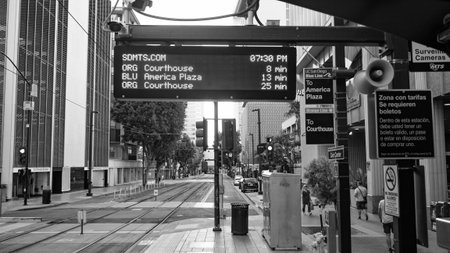 San Diego, California, USA - May 17, 2019: Tram departure board show time destination. Arrival and departure information board. Departure information board. Electronic board with schedule timetableのeditorial素材