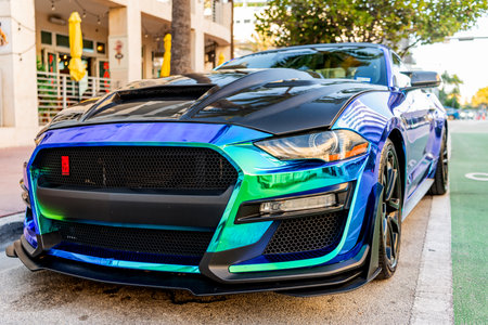 Miami, Florida, USA - January 29, 2025: Ford Mustang Shelby GT500 car with chrome holographic...