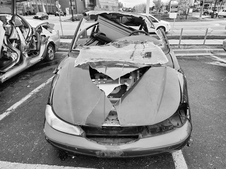 Chicago, USA - November 11, 2024: Ford car crash and damage. Damage of car in accident. Car crash insurance. Broken Ford, front view. Ford crashed in car accidentのeditorial素材