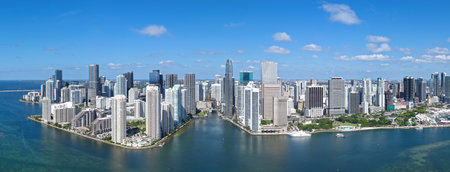 Panoramic view of Miami skyline. Panoramic cityscape of Brickell Miami. Skyscrapers of Brickell. Panoramic view of the Miami financial district. Panoramic aerial of Brickell in Miami Beach.の写真素材