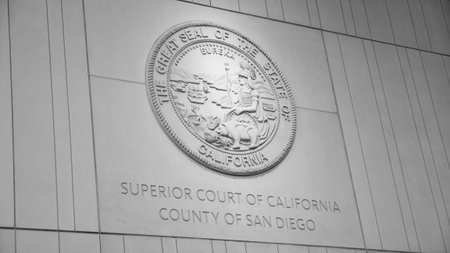 San Diego, California, USA - May 17, 2019: San Diego County Superior Court. Superior court of California. County of San Diego. Emblem of County Superior Court. Courthouseのeditorial素材