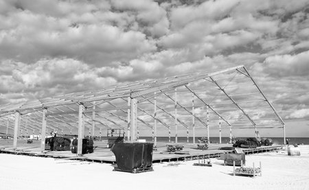 Miami, Florida, USA - November 16, 2024: Structure engineering at building site. Framework construction. Installation of metal structure on a beach. Metal construction. Structural design engineeringのeditorial素材