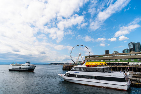 Seattle, Washington, USA - July 26, 2024: Ship voyage. Cruise summer vacation. Cruise ship tour. Ferry voyage. Ship in port. Argosy cruises boat tour. Salish explorer passenger cruise ship ferryのeditorial素材