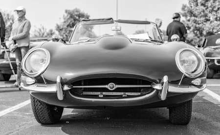 Chicago, Illinois, USA - September 08, 2024: Jaguar E Type 1969 retro convertible vehicle, corner view. Retro vintage sportscar. Convertible Jaguar E Type car. Jaguar E Type at Chicagoのeditorial素材