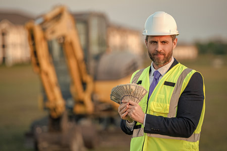 Successful business profit. Financial investment and income. Money budget. Profit income of investor man. Investor count money at site. Businessman invest money in construction business, copy spaceの写真素材