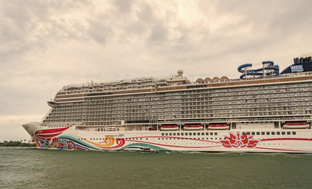 Miami, Florida, USA - November 07, 2024: Ship of NCLH. Norwegian Joy cruise ship voyage. Cruise in...